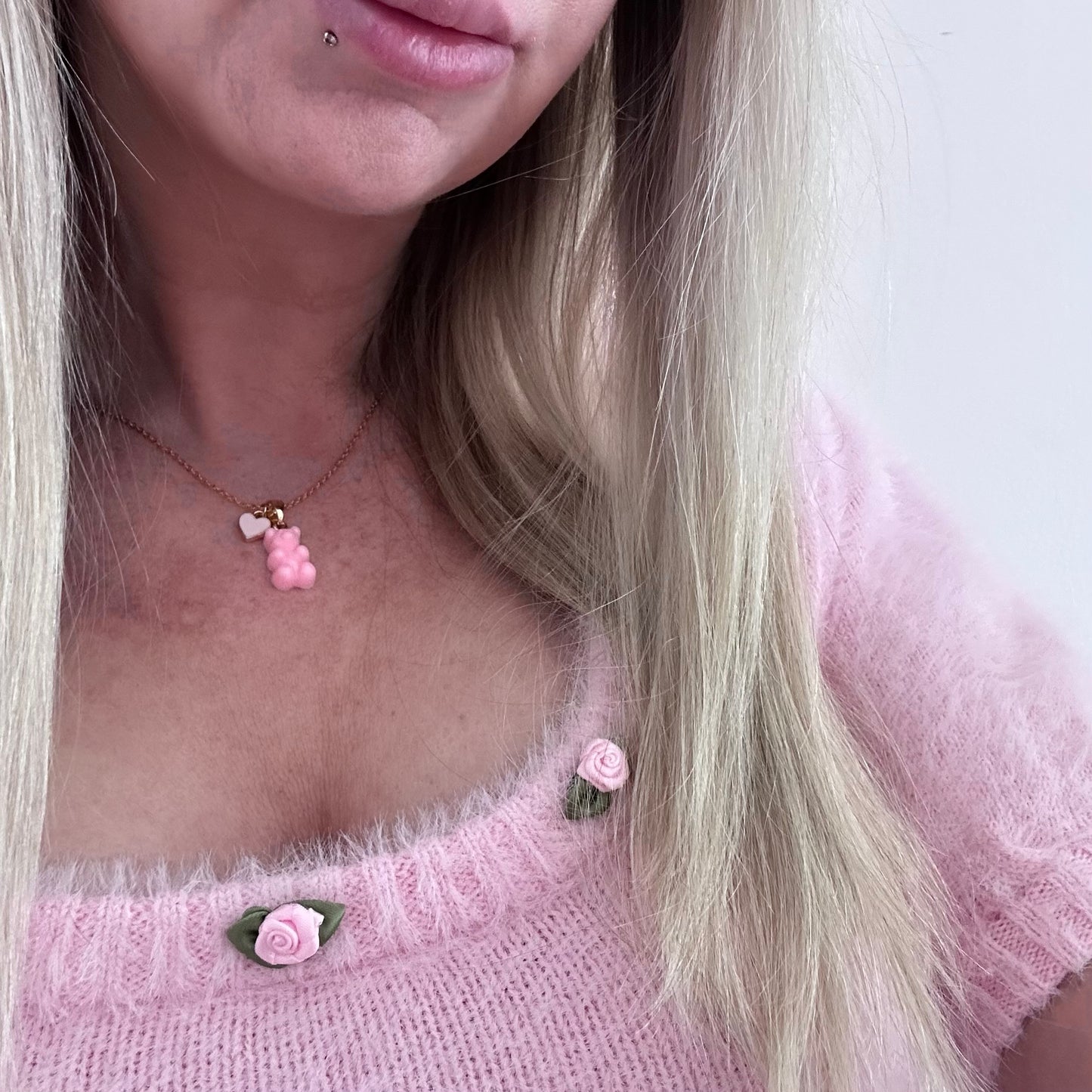 Queen of Hearts Classic Pink Bear Necklace