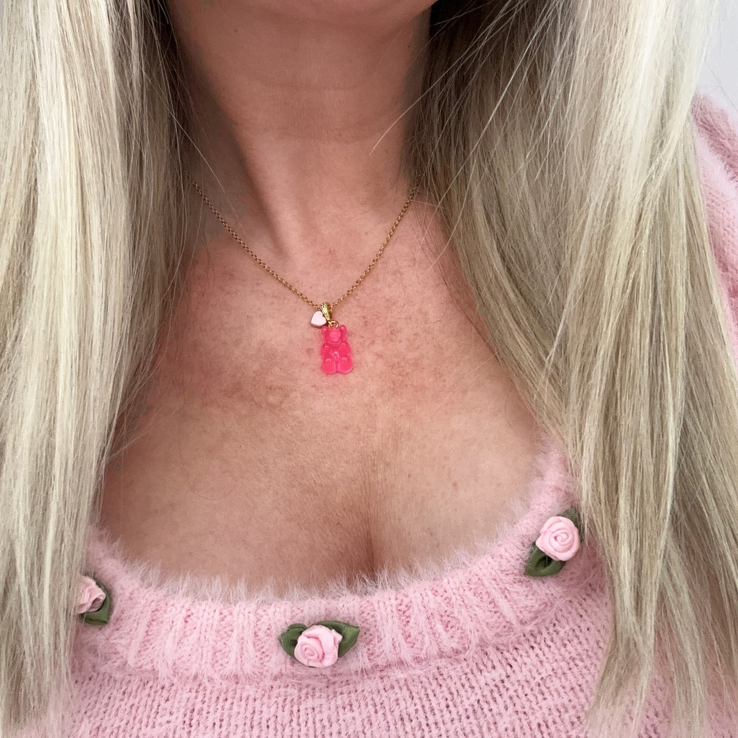 Neon Pink Signature Jelly Bear Heart Necklace