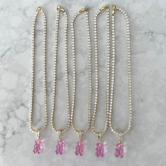 'La Jelly' Transluscent Pink Bear Crystal Tennis Necklace