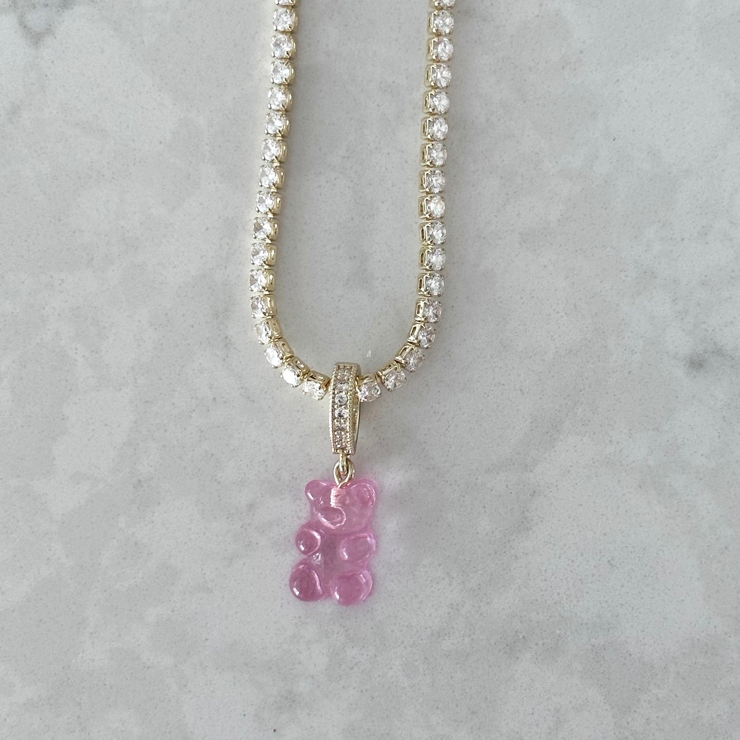 'La Jelly' Transluscent Pink Bear Crystal Tennis Necklace
