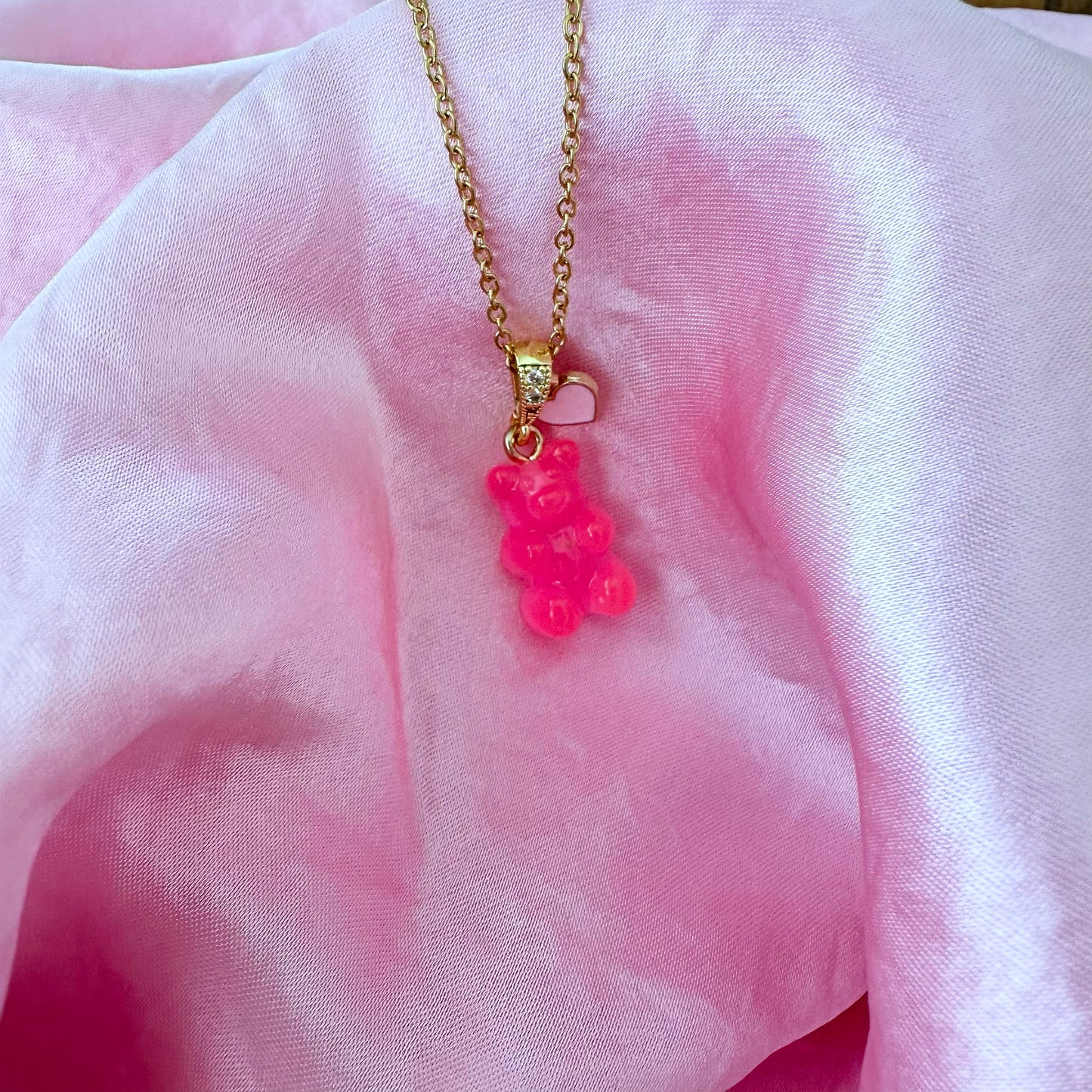 Neon Pink Signature Jelly Bear Heart Necklace