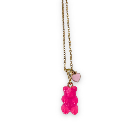 Neon Pink Signature Jelly Bear Heart Necklace
