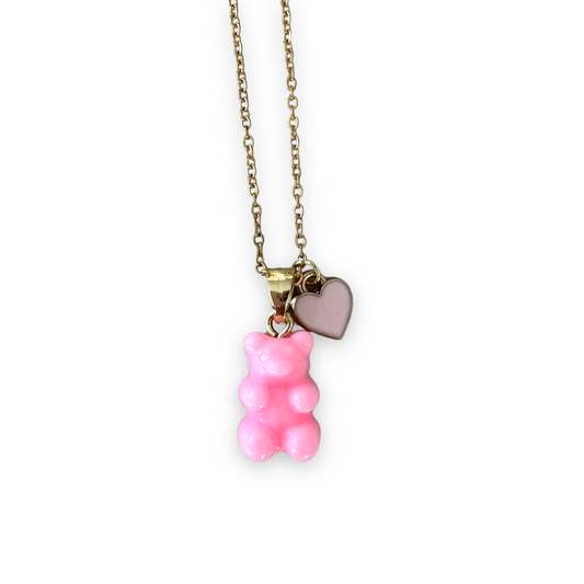 Queen of Hearts Classic Pink Bear Necklace